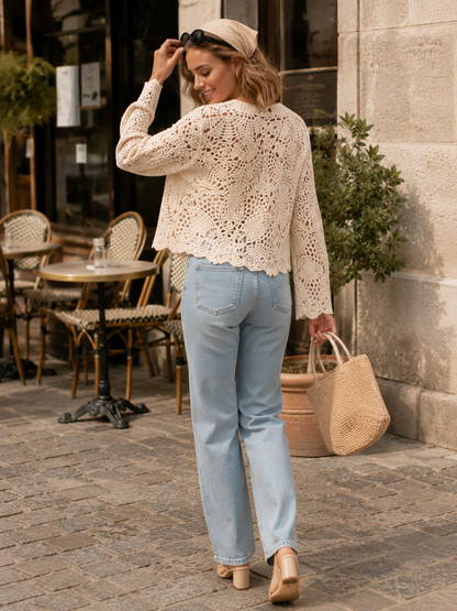 Gilet Crochet Fleuri Beige