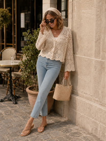 Gilet Crochet Fleuri Beige