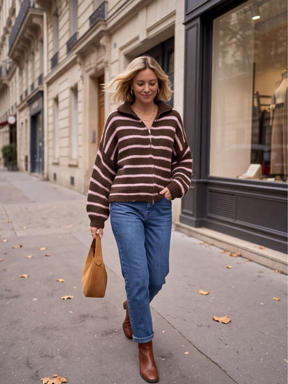 Gilet Solène - Rayé Zippé Col Montant
