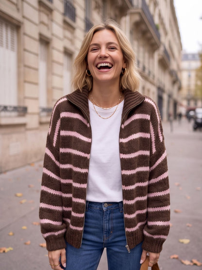 Gilet Solène - Rayé Zippé Col Montant