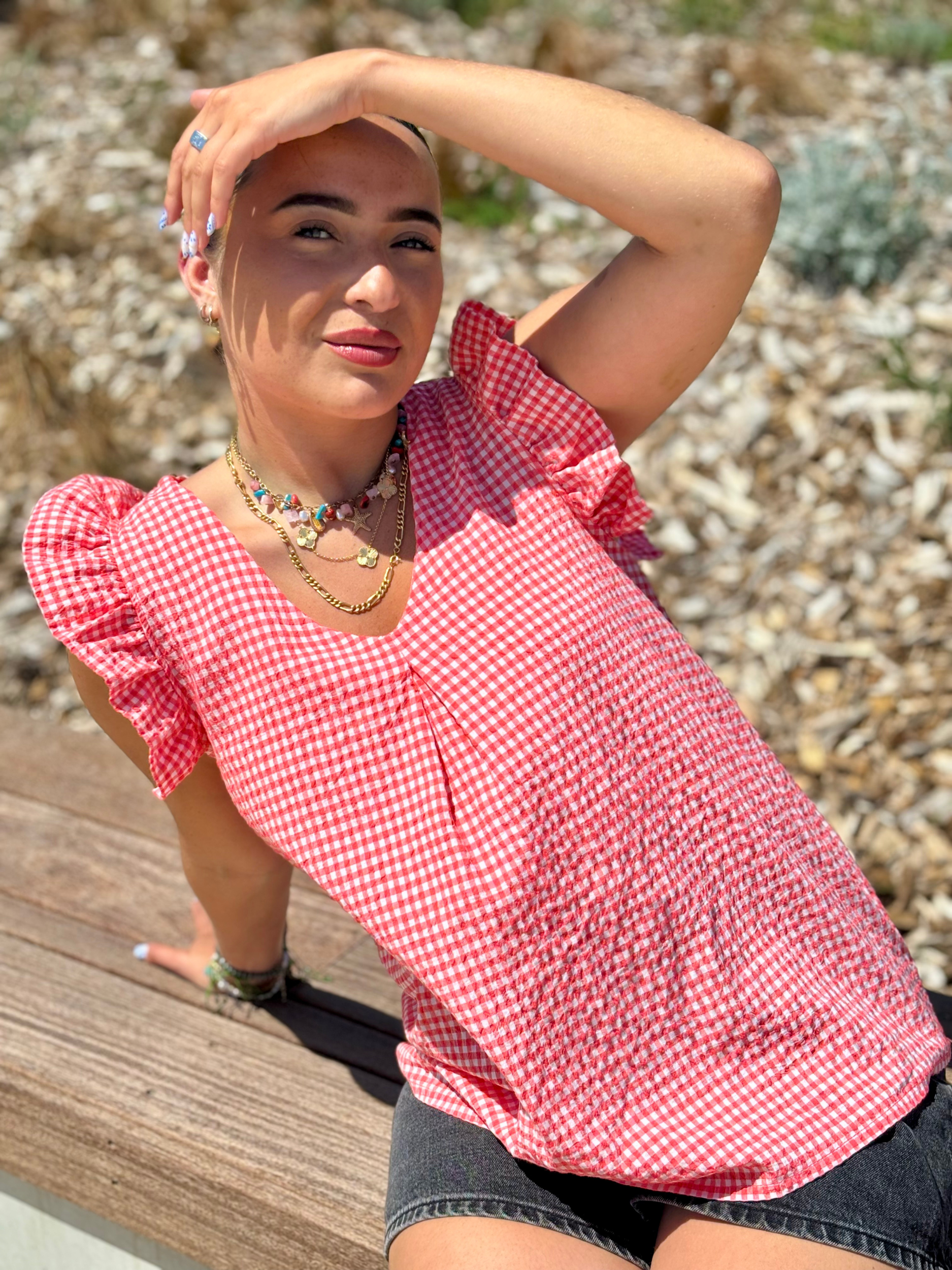 Top à volants en coton et nylon corail