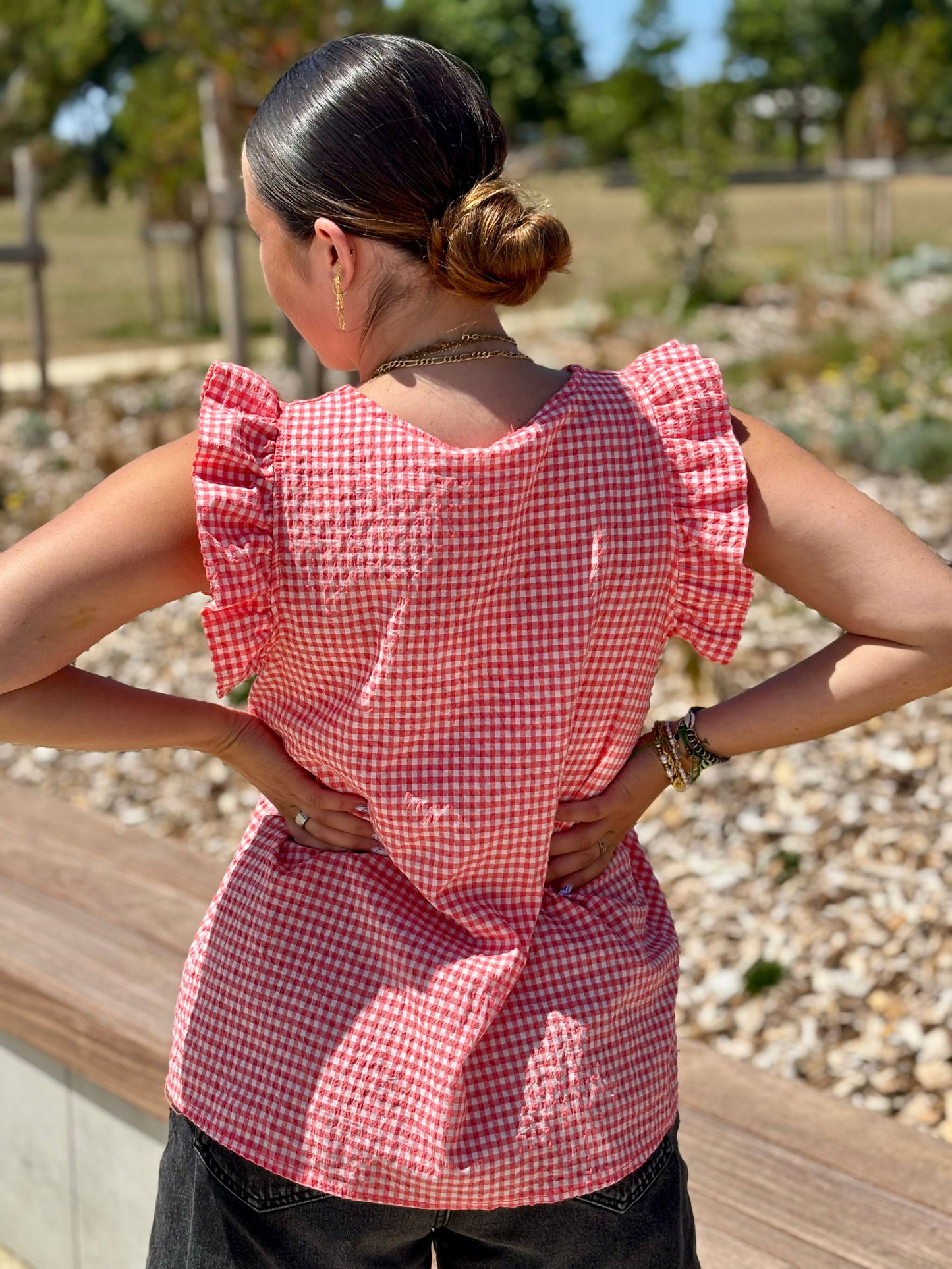 Top à volants en coton et nylon corail