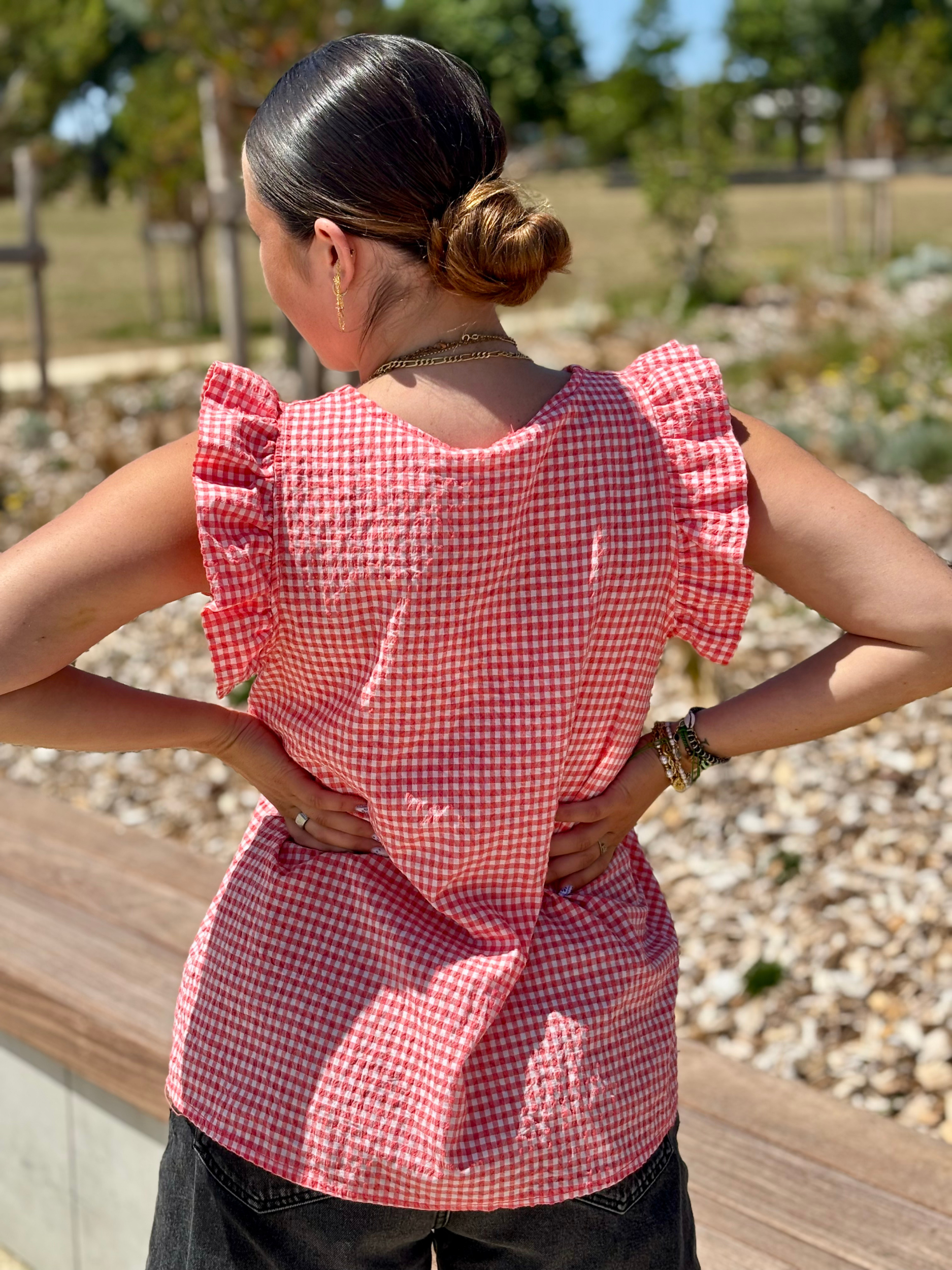 Top à volants en coton et nylon corail