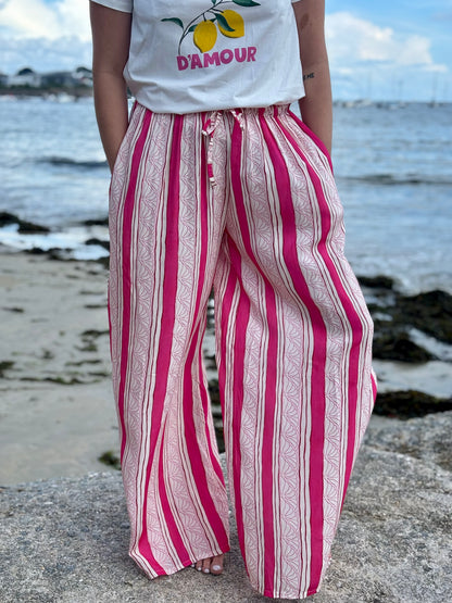 Pantalon Fluide à Rayures et Imprimés