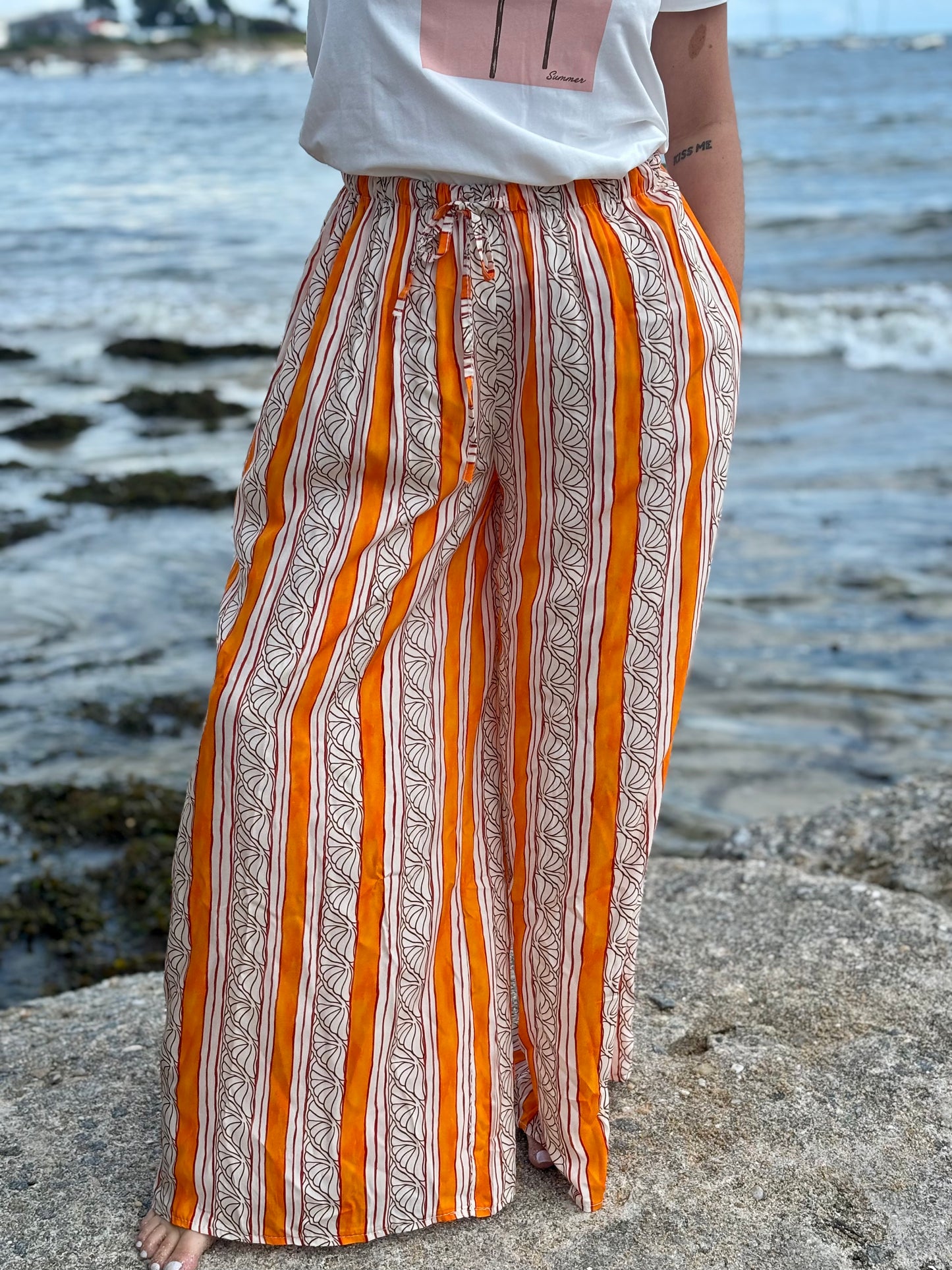 Pantalon Fluide à Rayures et Imprimés