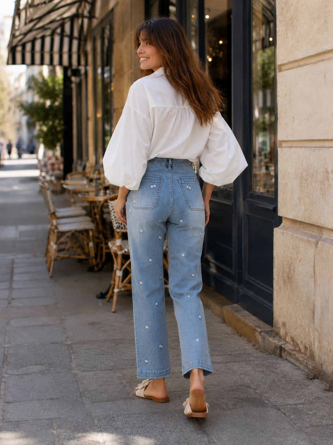 Jean Denim Fleurs Femme