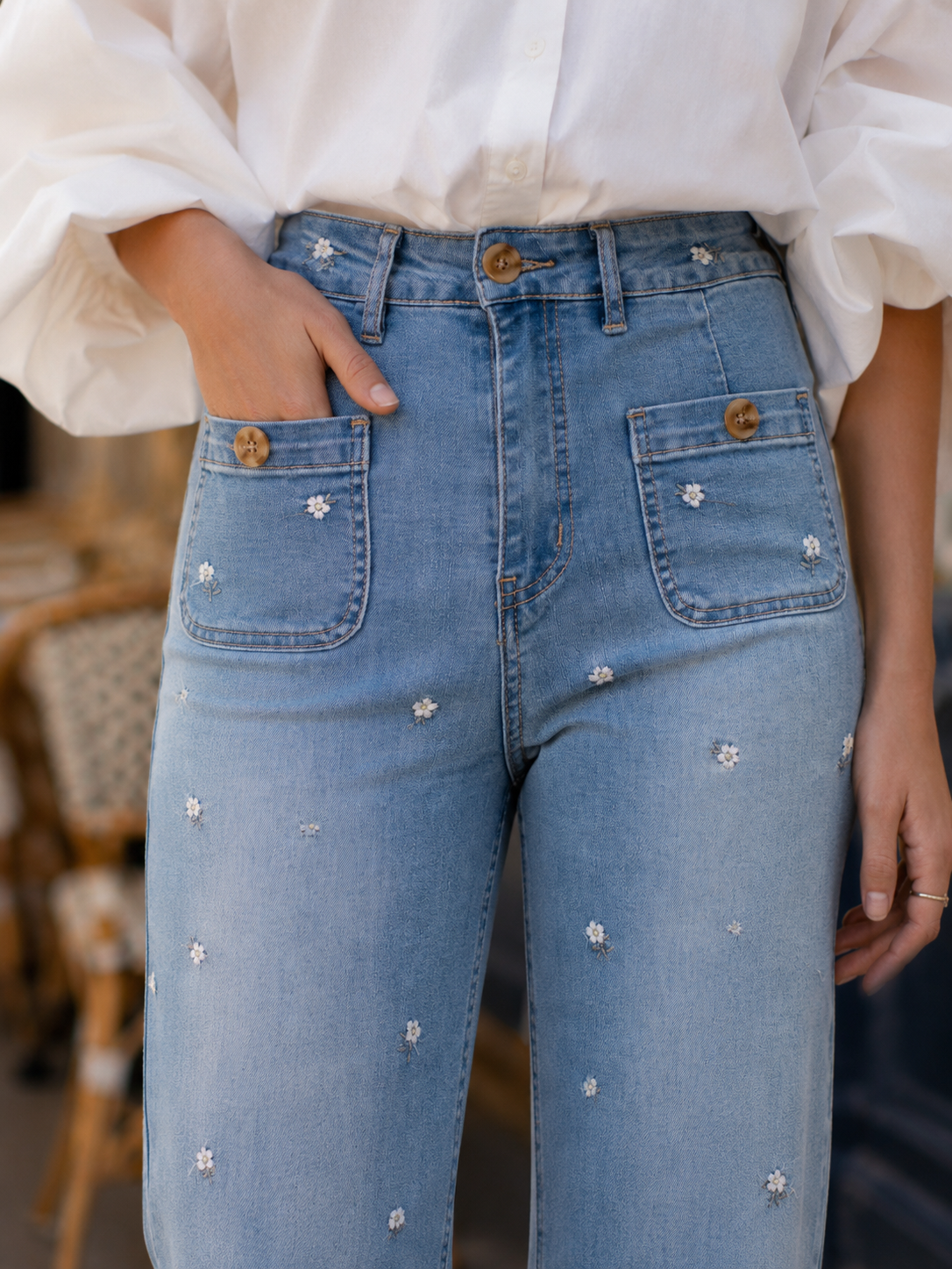Jean Denim Fleurs Femme
