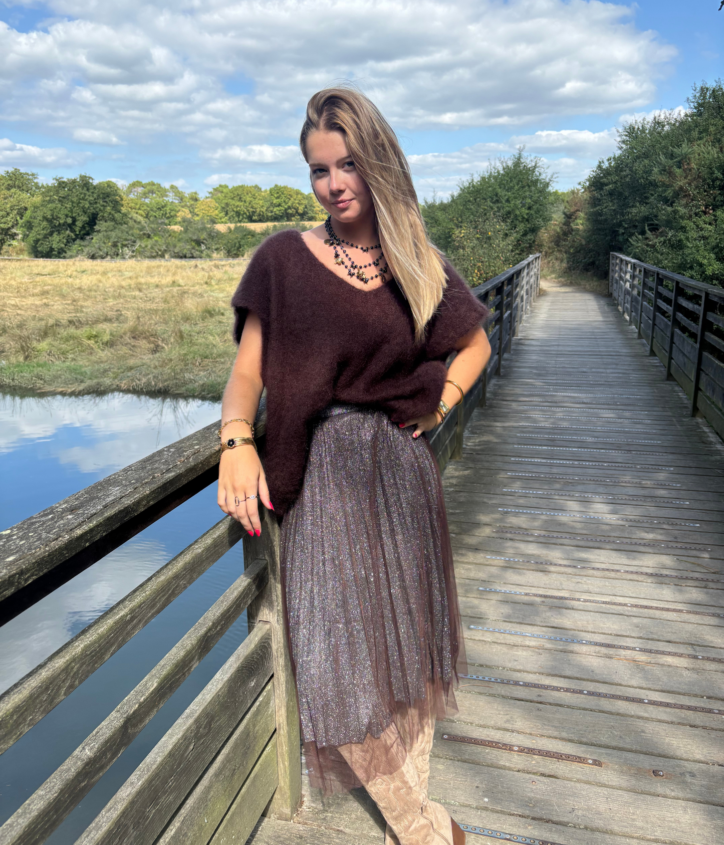 Jupe plissée café femme