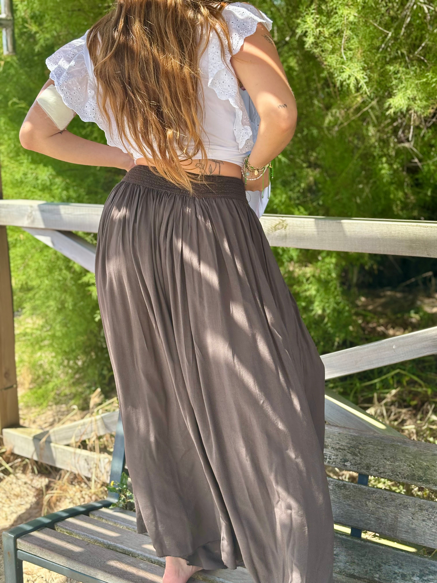Jupe longue fluide en viscose chocolat