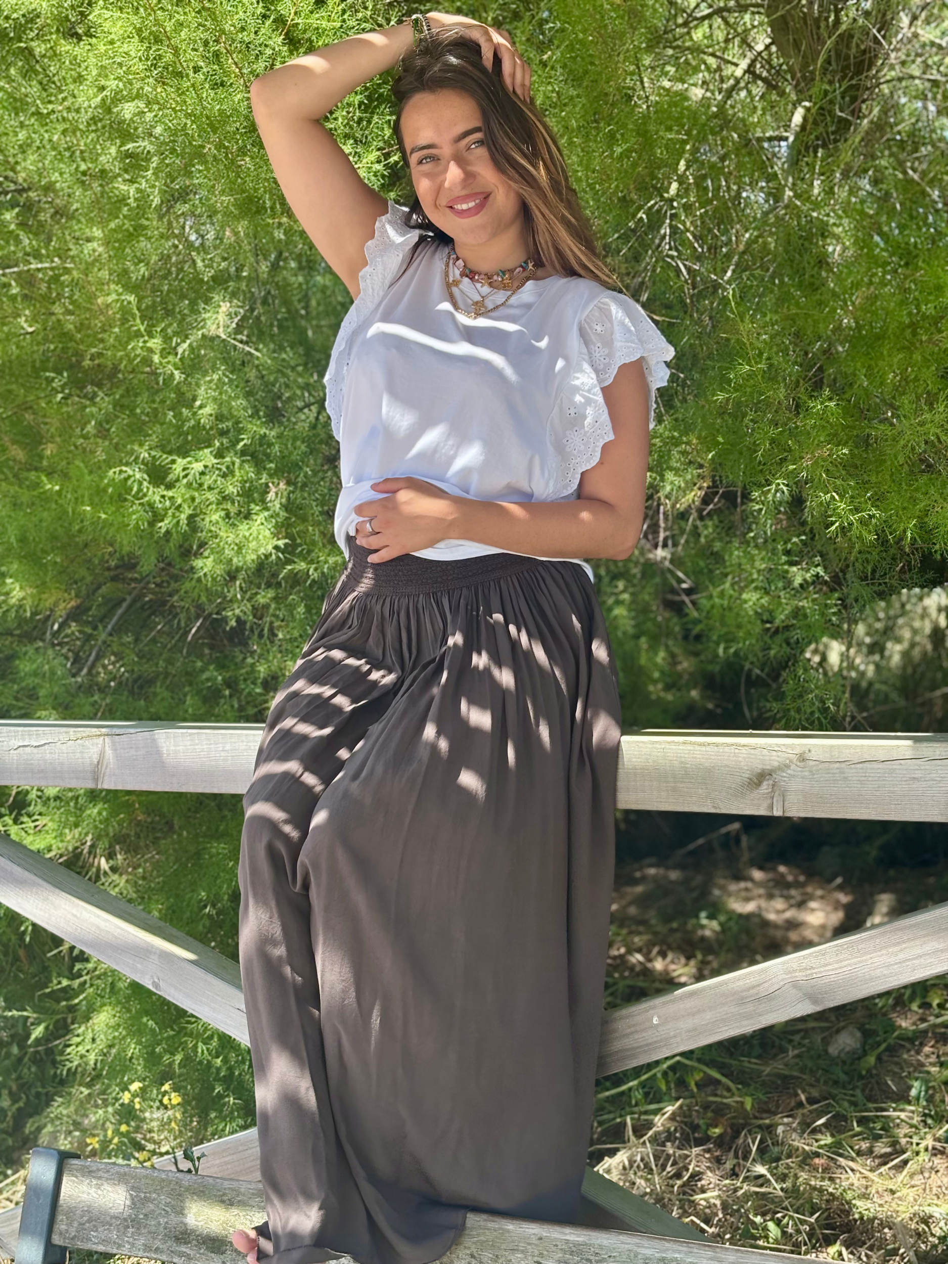 Jupe longue fluide en viscose chocolat