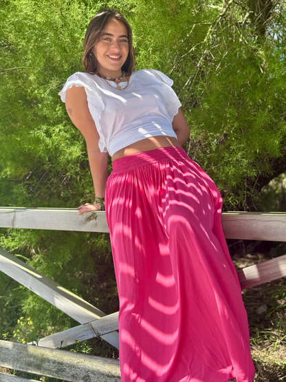 Jupe longue fluide en viscose fuchsia