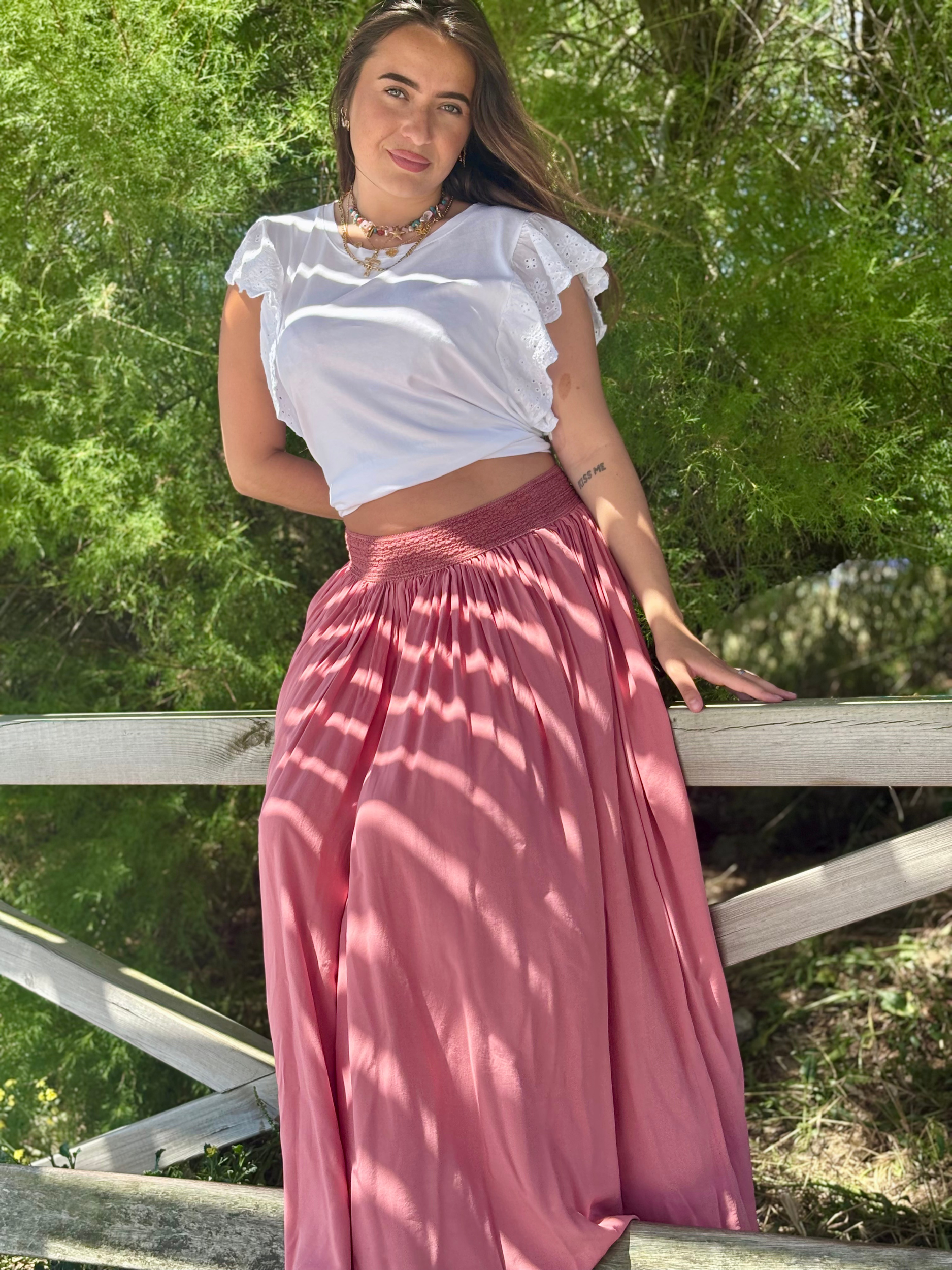 Jupe longue fluide en viscose terrcotta