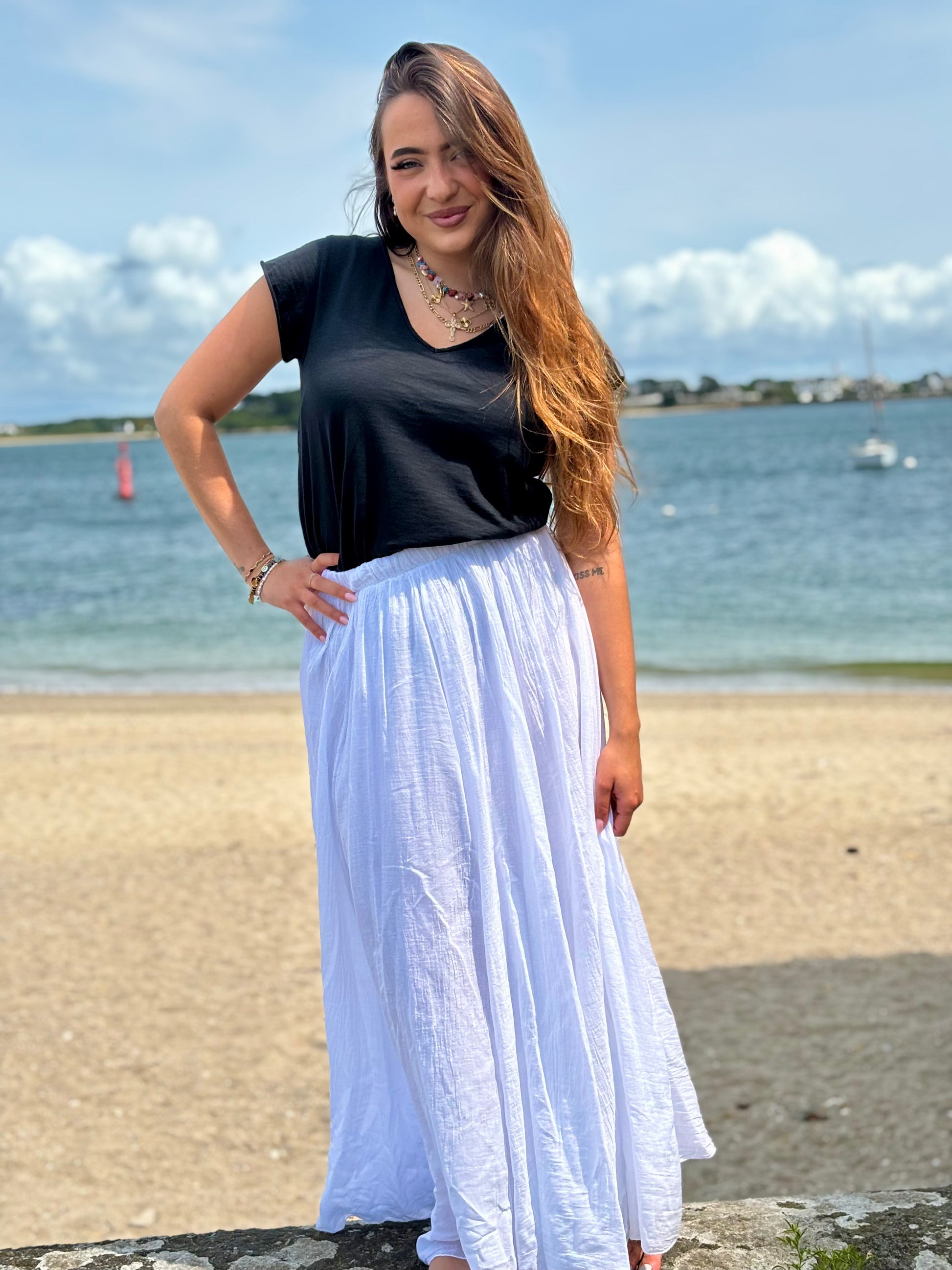 Jupe longue en voile de coton blanc