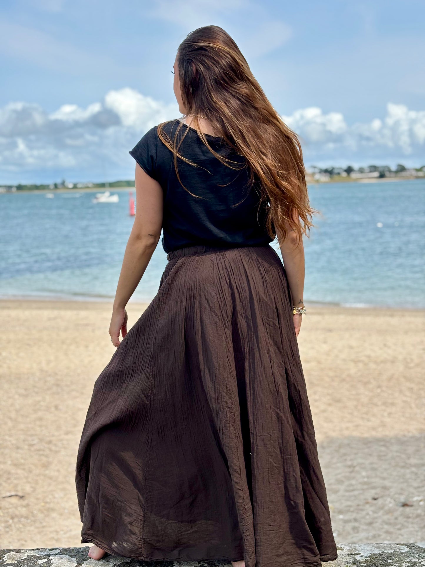 Jupe longue en voile de coton chocolat