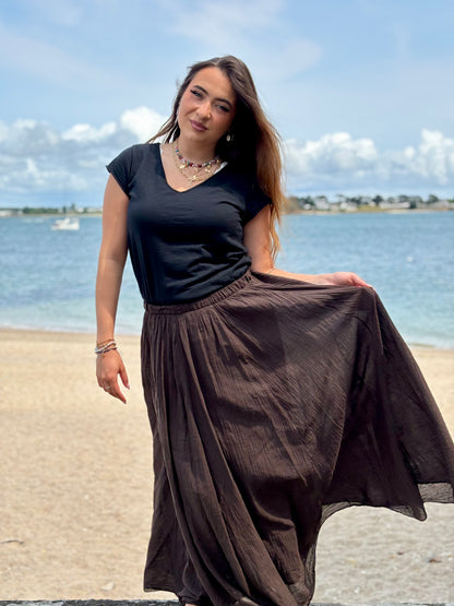 Jupe longue en voile de coton chocolat