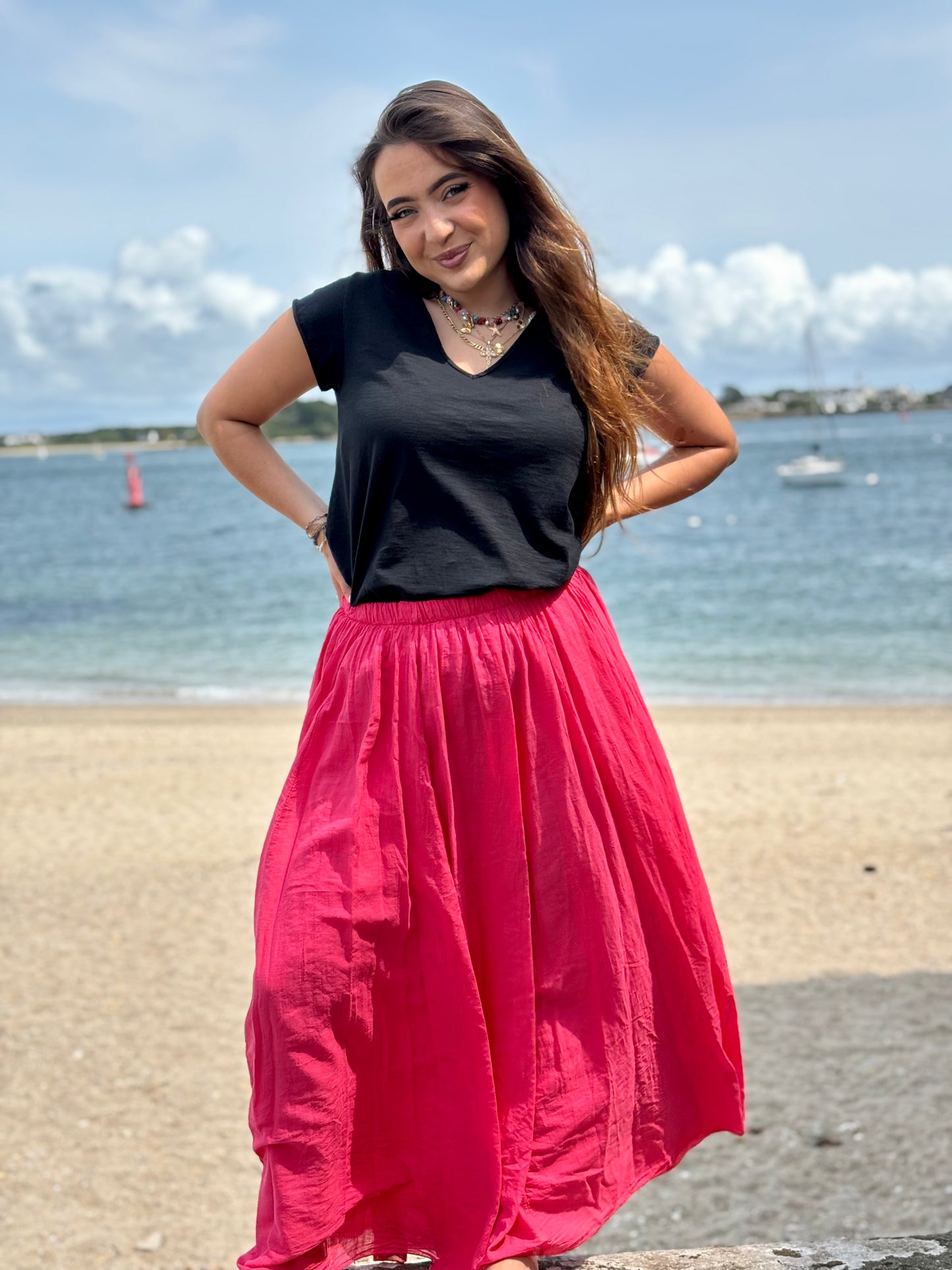 Jupe longue en voile de coton framboise