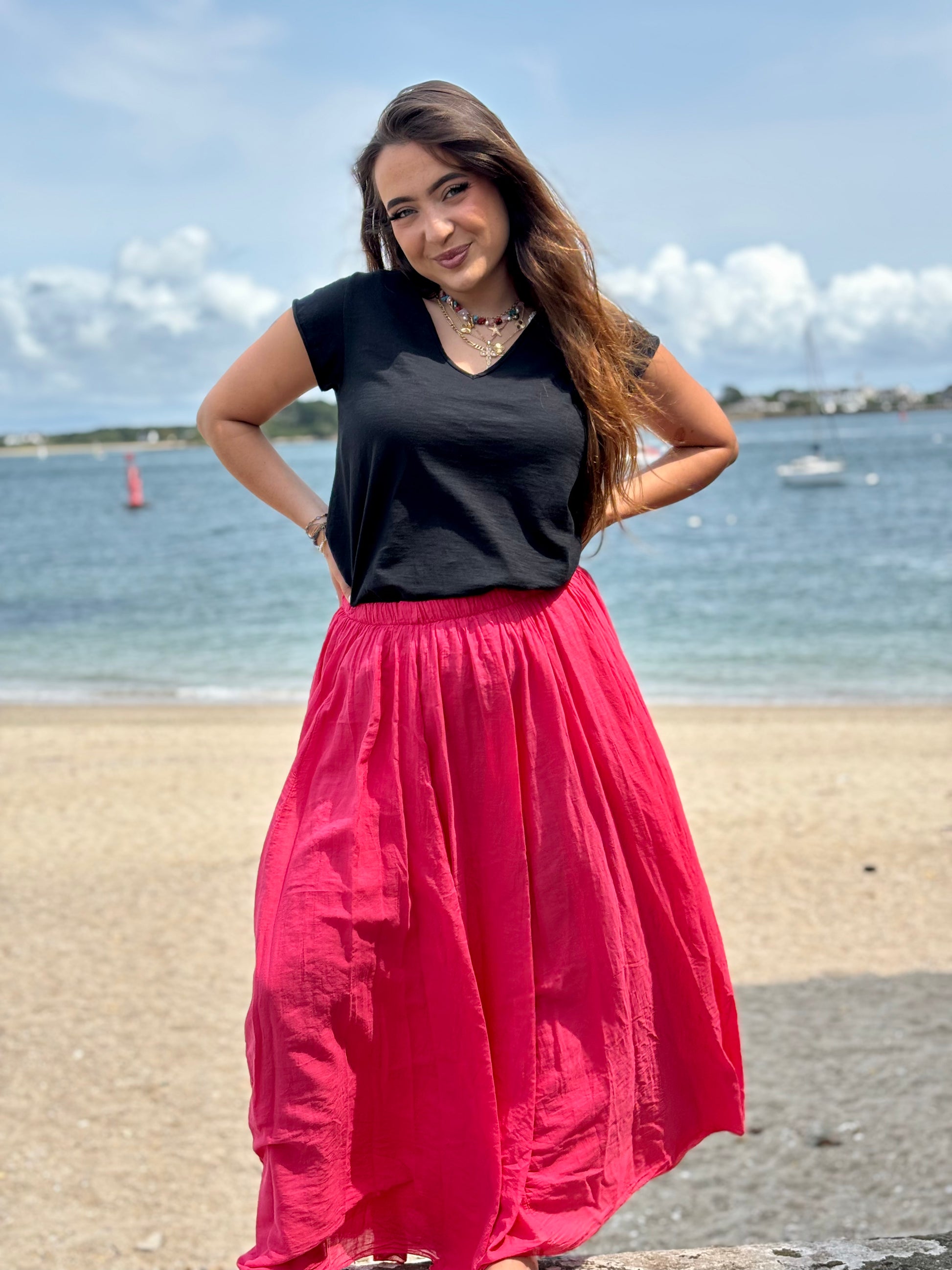 Jupe longue en voile de coton framboise