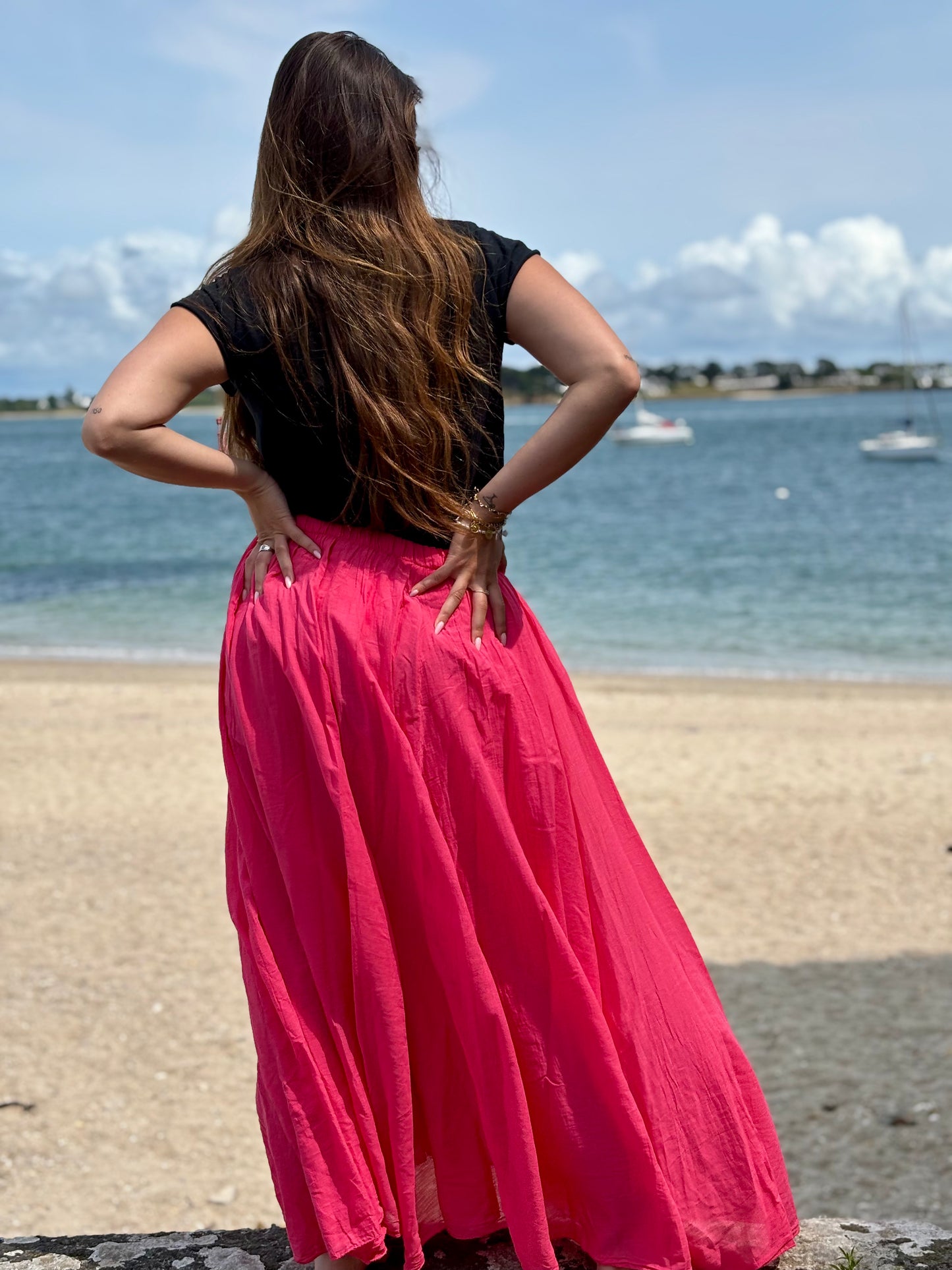 Jupe longue en voile de coton framboise