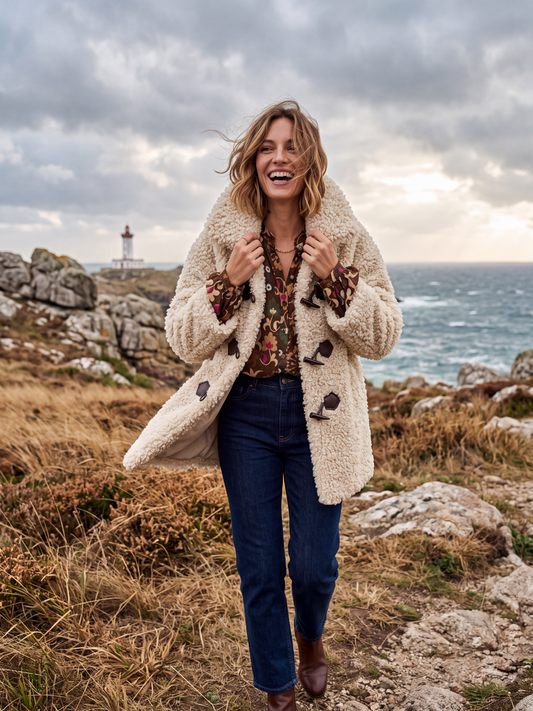 Manteau Honorine - Teddy Écru à Brandebourgs