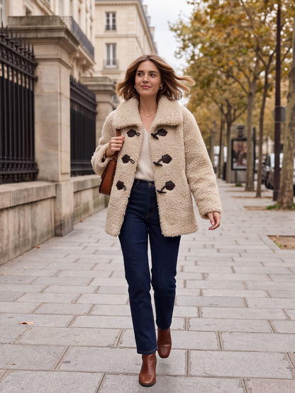 Manteau Honorine - Teddy Écru à Brandebourgs