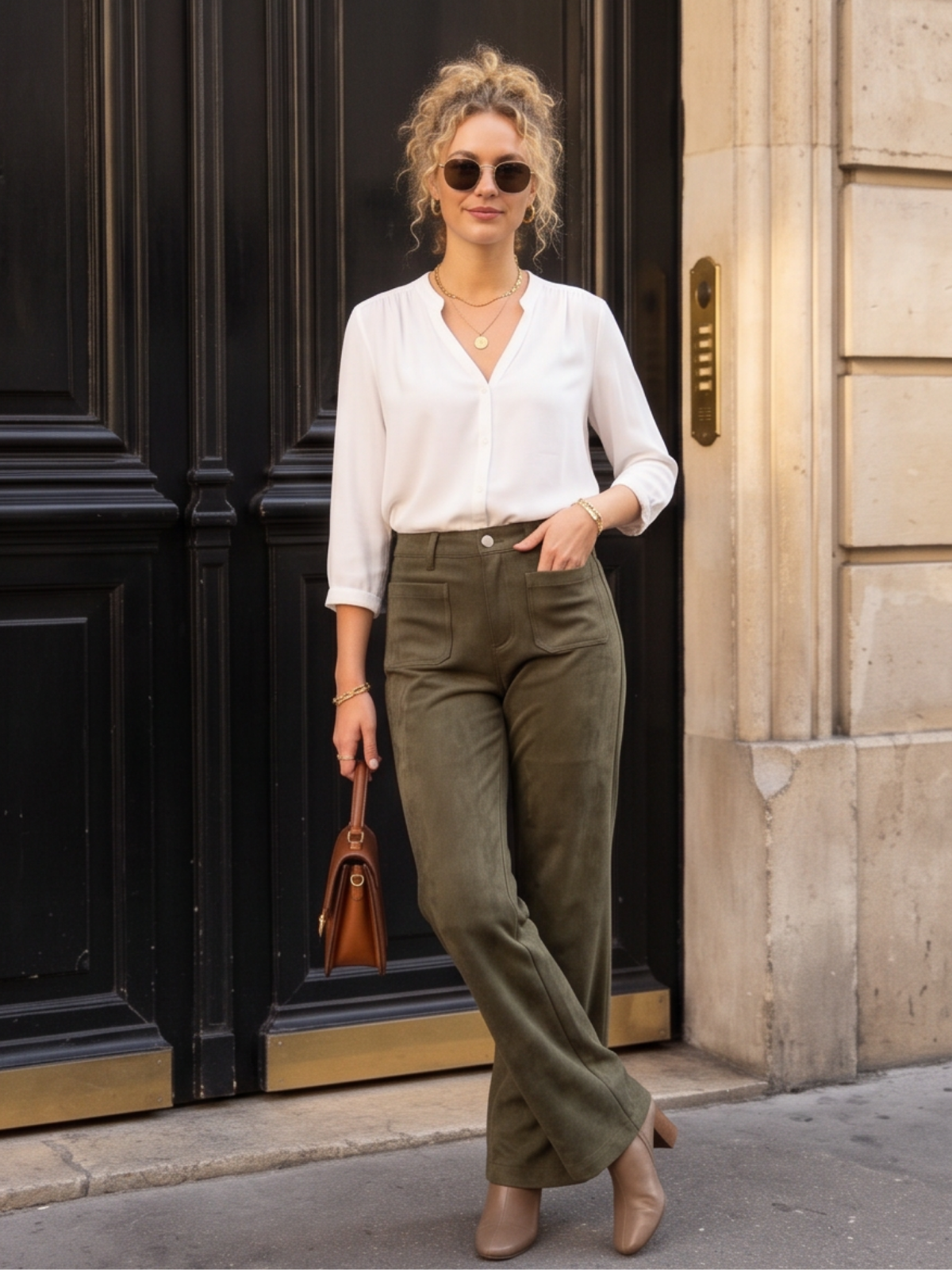 Pantalon Coline - Wide Leg Suédine Kaki