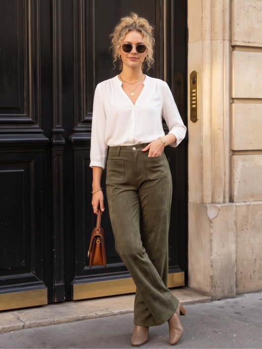 Pantalon Coline - Wide Leg Suédine Kaki