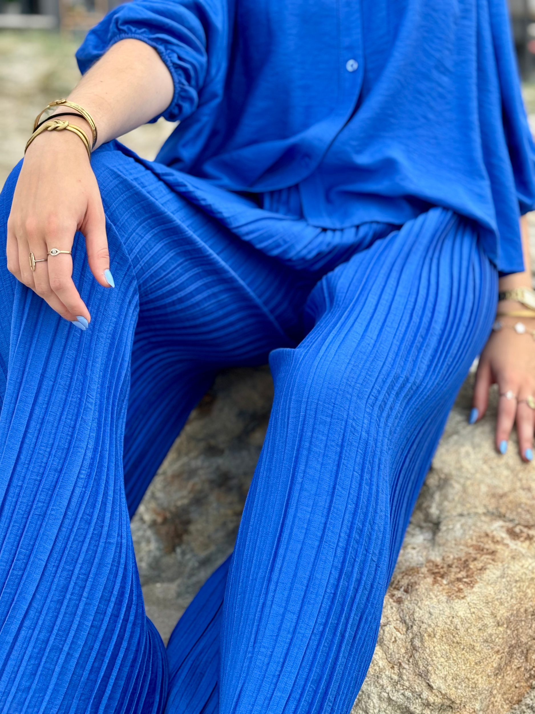 Pantalon ample taille élastique bleu électrique