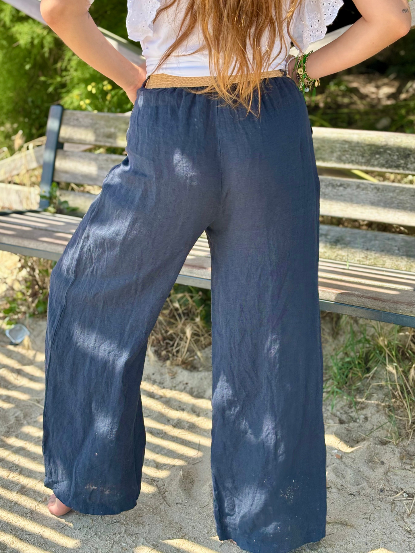 Pantalon 100 % lin à nouer marine