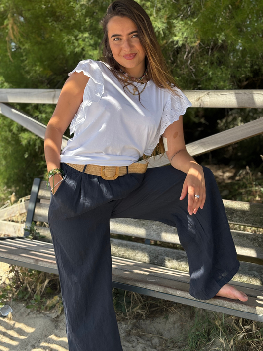 Pantalon 100 % lin à nouer marine