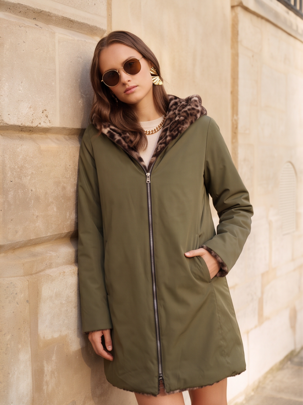 Parka 3/4 Imperméable Réversible Léopard - Laura Jo