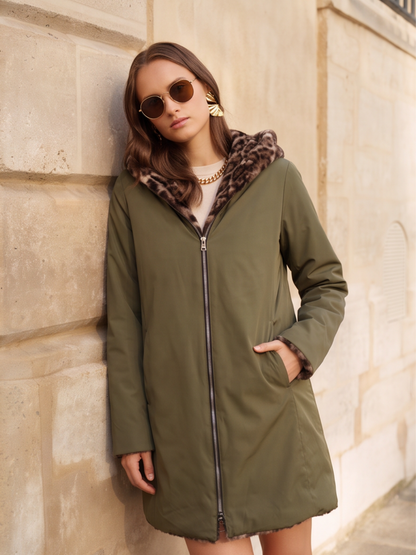 Parka 3/4 Imperméable Réversible Léopard - Laura Jo