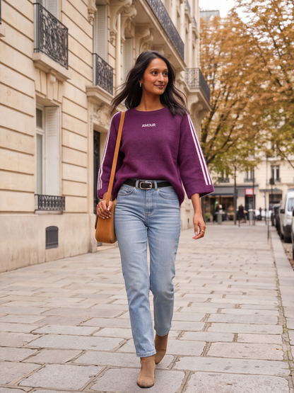 Pull Ambre - Bandes Blanches Broderie Amour