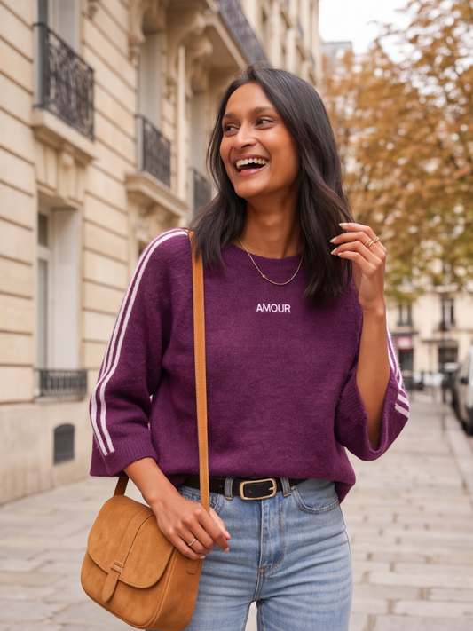 Pull Ambre - Bandes Blanches Broderie Amour