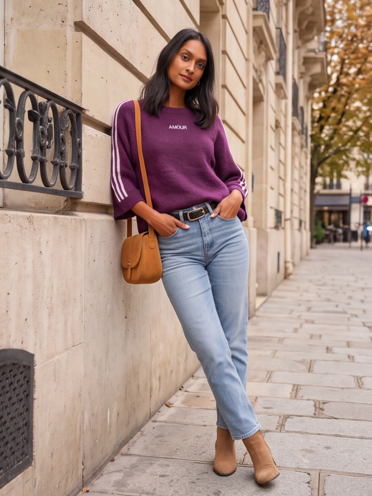 Pull Ambre - Bandes Blanches Broderie Amour