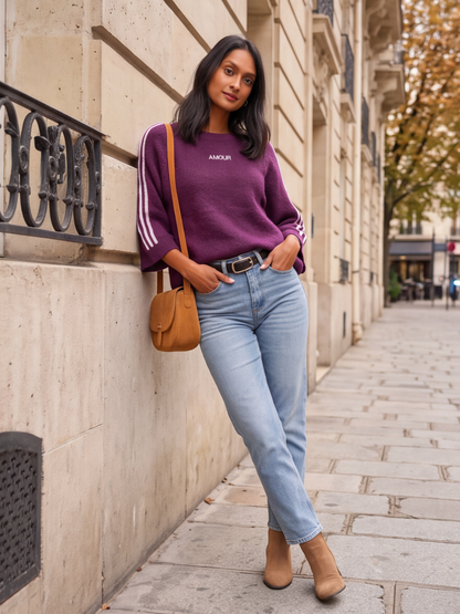 Pull Ambre - Bandes Blanches Broderie Amour