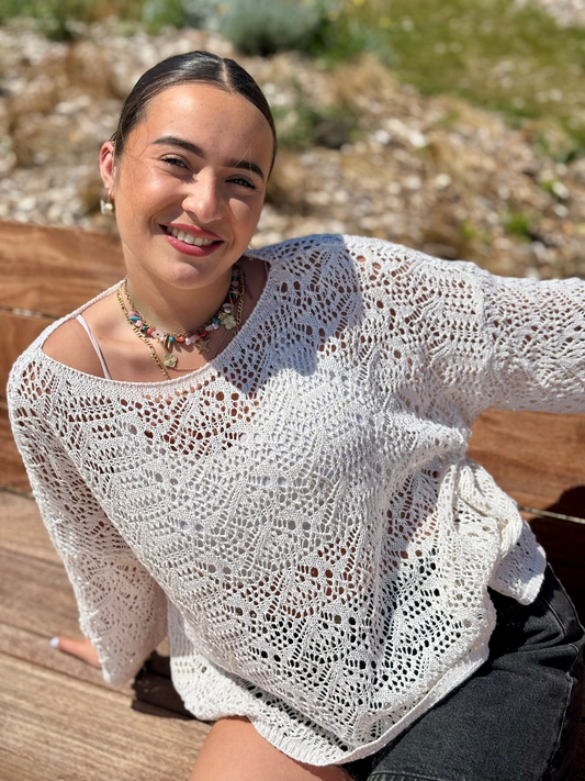 Pull ajouré manches 3/4 ecru