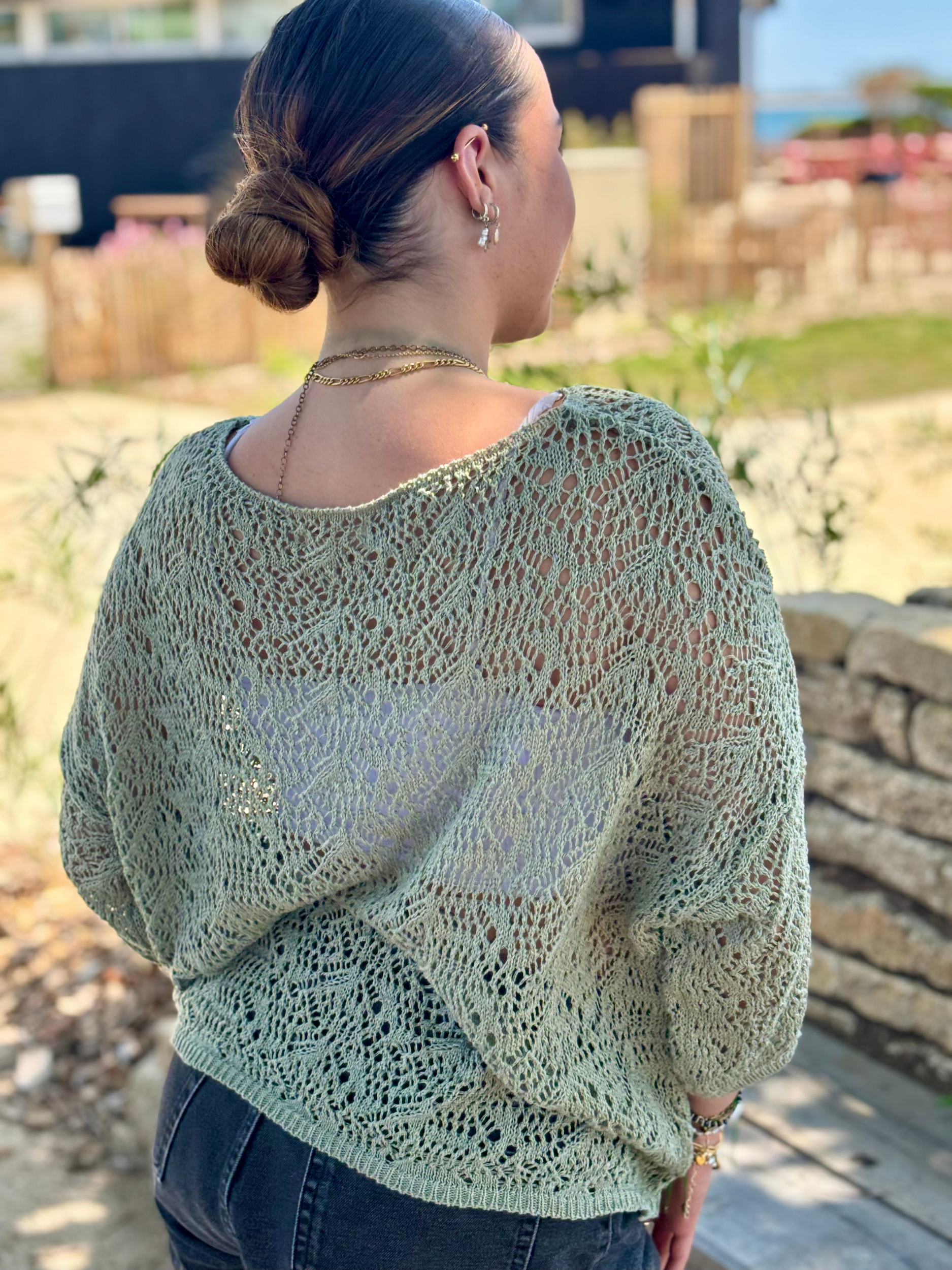Pull ajouré manches 3/4 kaki