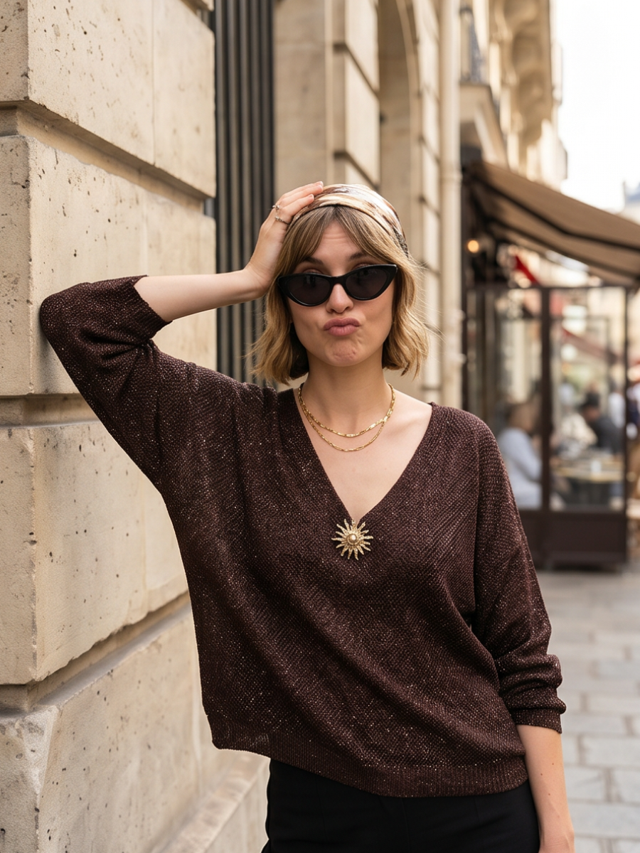 Pull Sarah + broche - Manches 7/8 Lurex