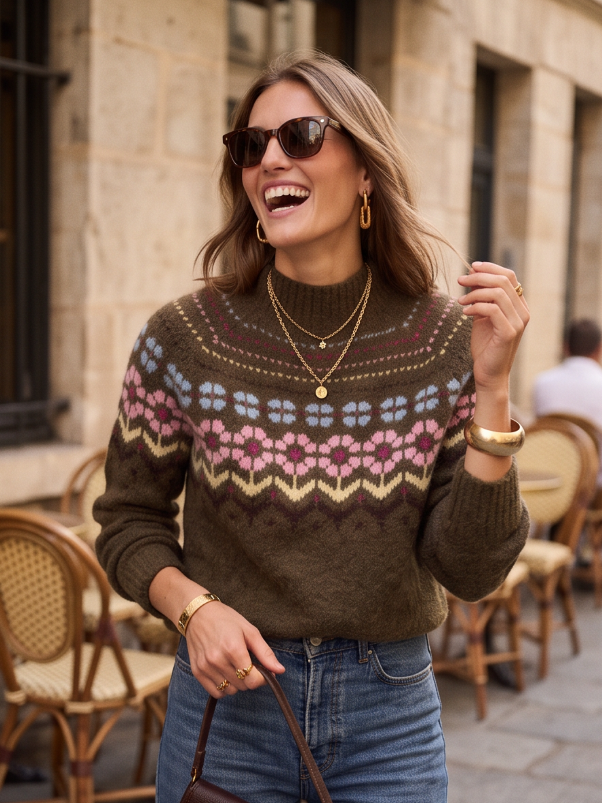 Pull Tessa - Jacquard Fleuri Kaki