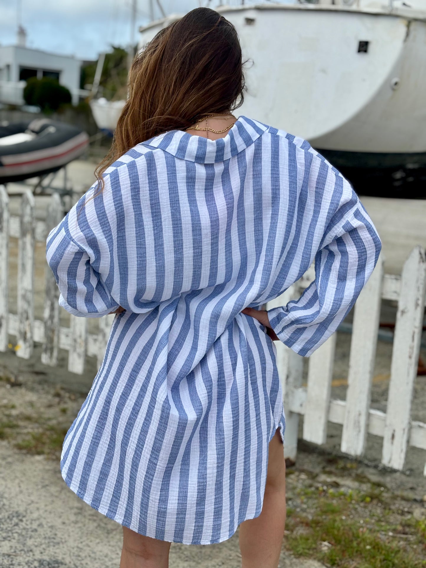 Robe-chemise rayée en coton bleu jean