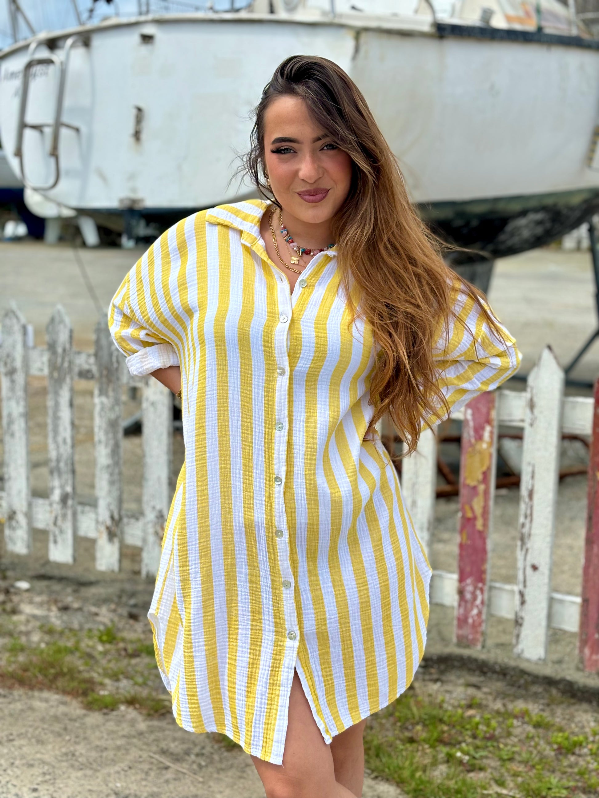Robe-chemise rayée en coton jaune