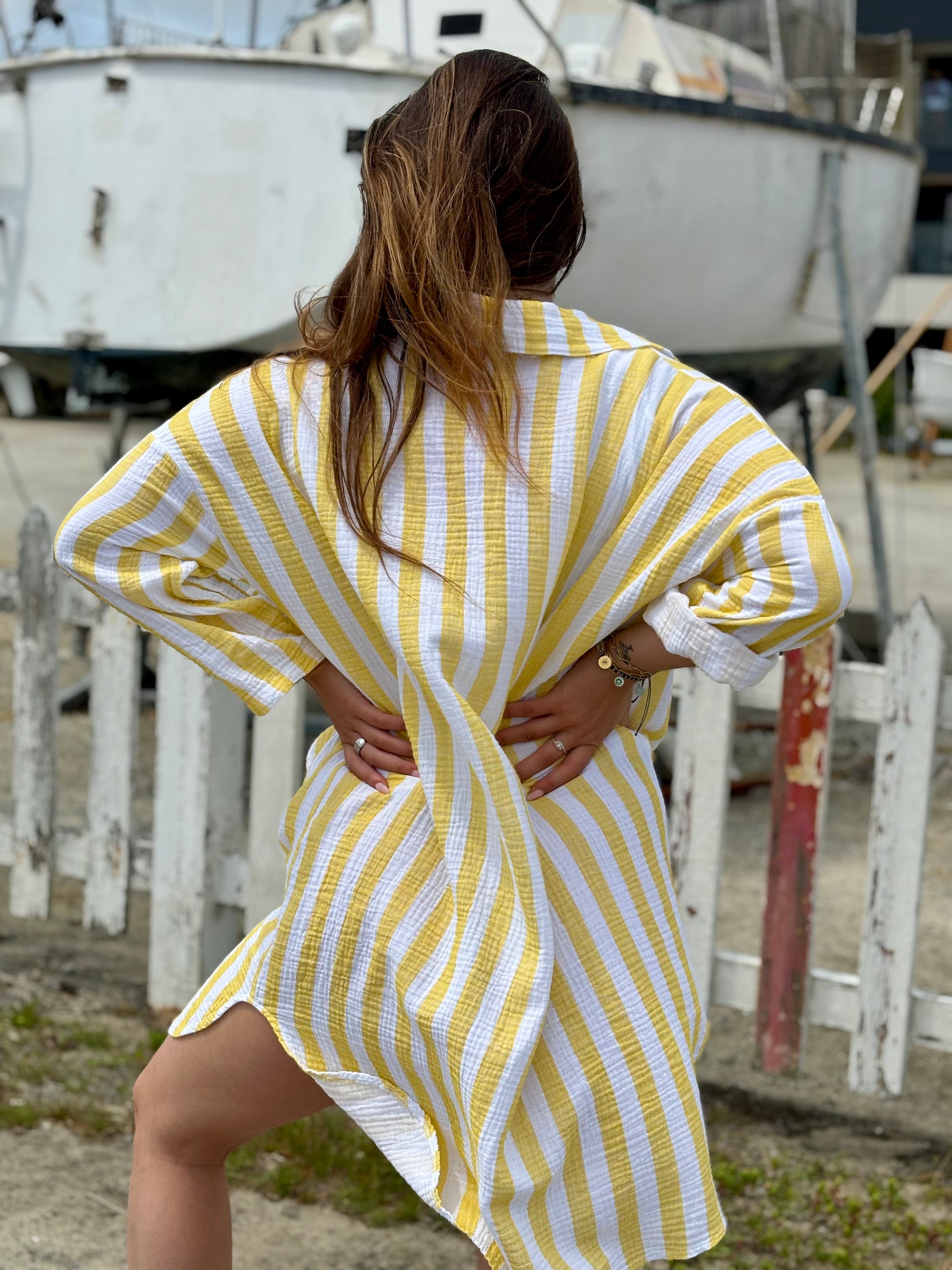 Robe-chemise rayée en coton jaune