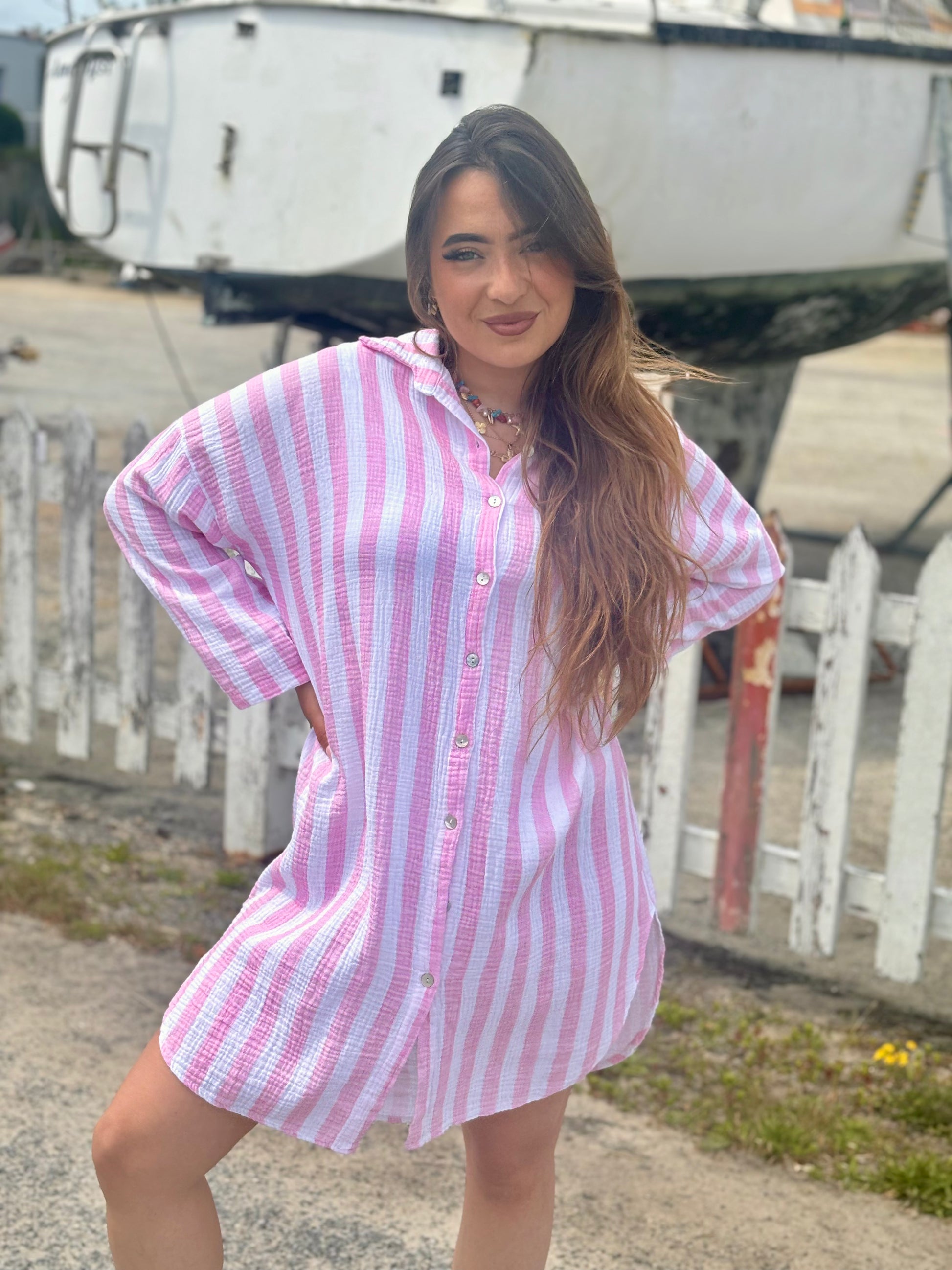 Robe-chemise rayée en coton rose baby