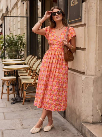 Robe Amélie - Longue géométrique corail