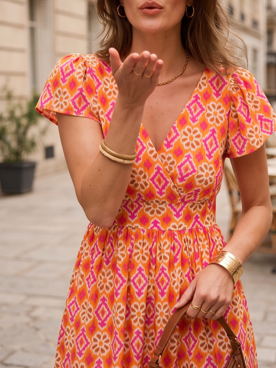 Robe Amélie - Longue géométrique corail