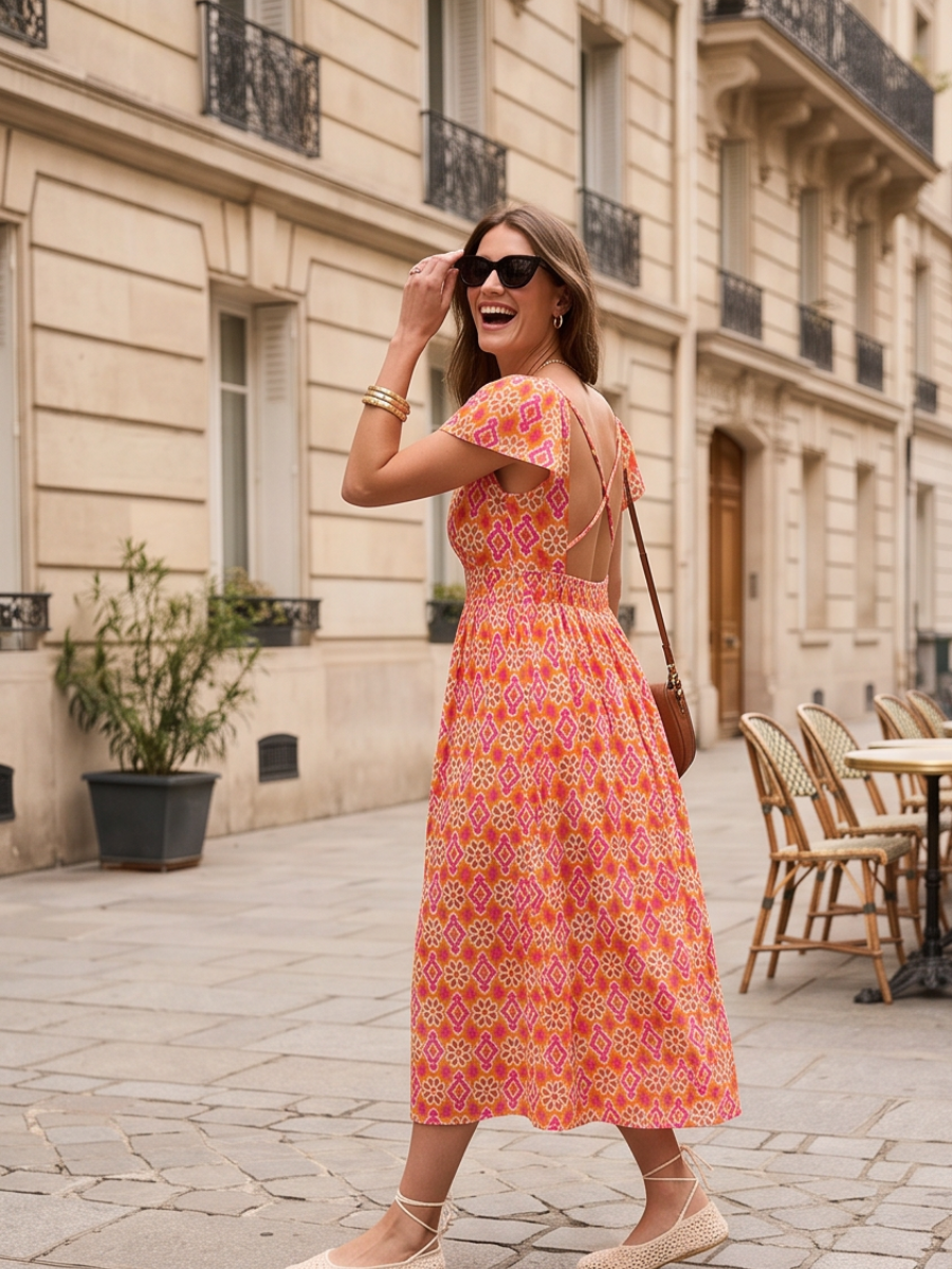 Robe Amélie - Longue géométrique corail