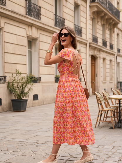 Robe Amélie - Longue géométrique corail