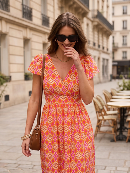 Robe Amélie - Longue géométrique corail