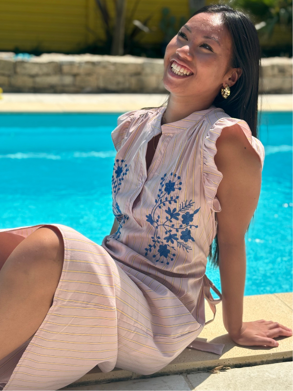 Robe Mi-longue Rayée et Brodée Bohème