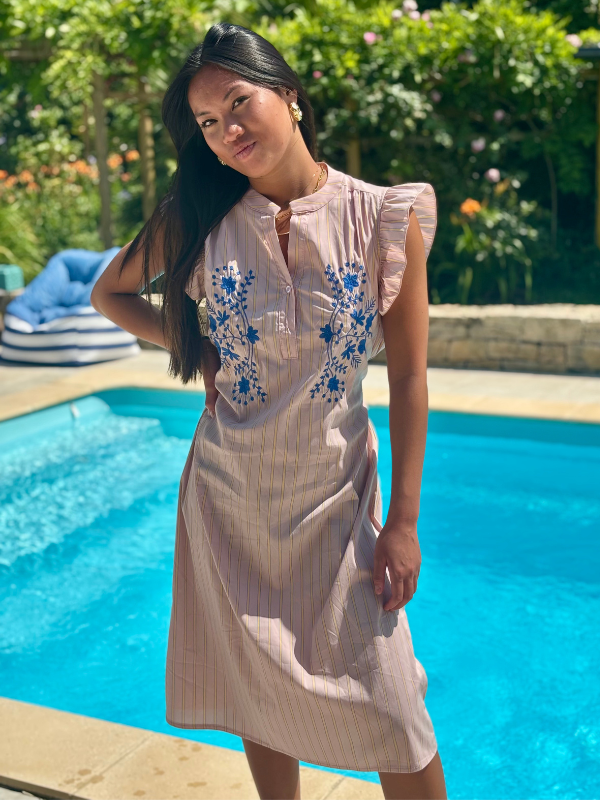 Robe Mi-longue Rayée et Brodée Bohème